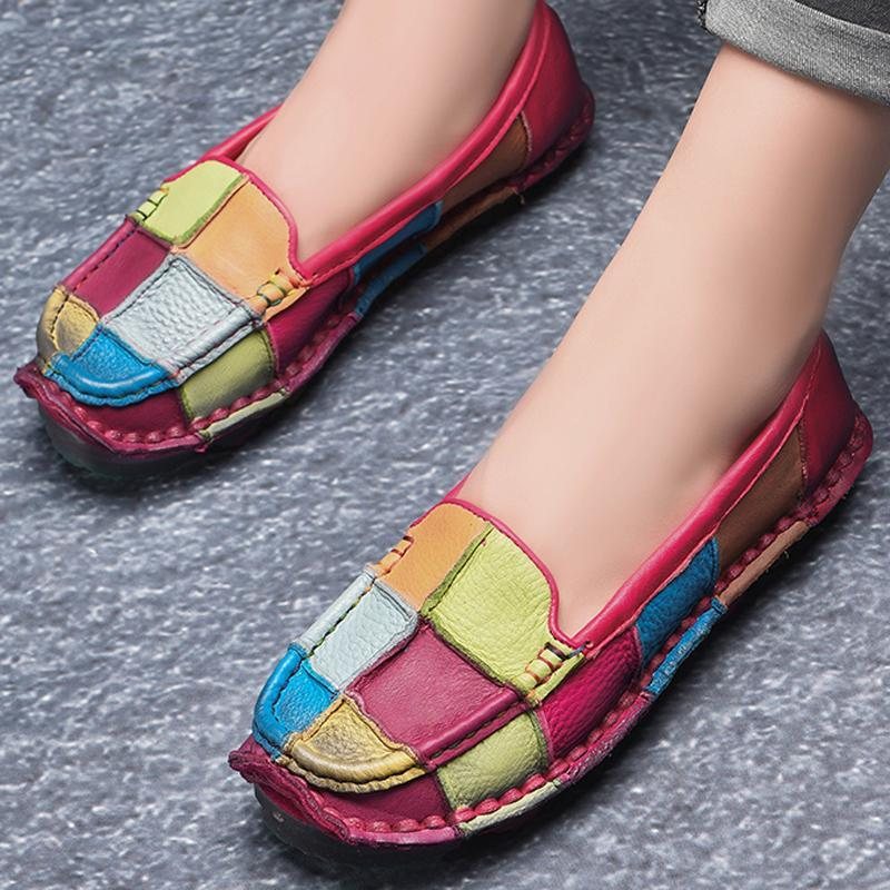 Retro Flerfarget Rutete Skinn Slip On Håndlagde Flate Loafers