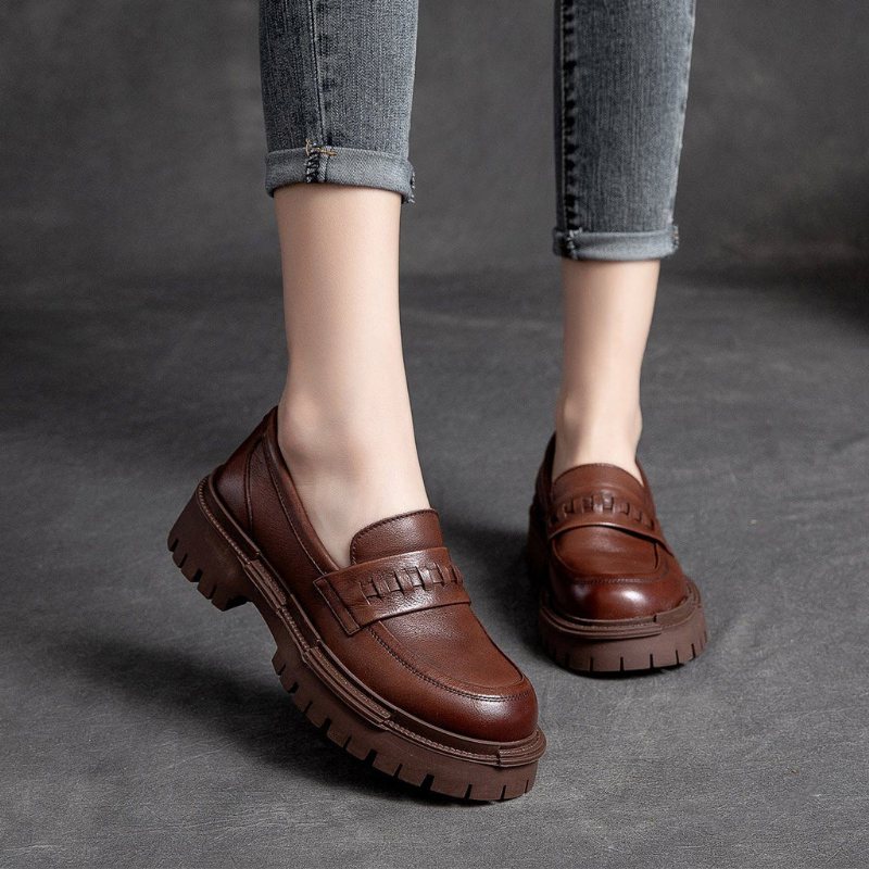 Retro Leather Platform Casual Sko For Kvinner