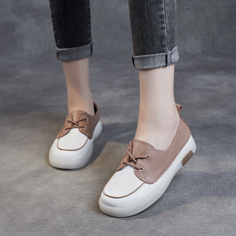 Vår Høst Retro Lær Farge Matchende Flat Casual Sko