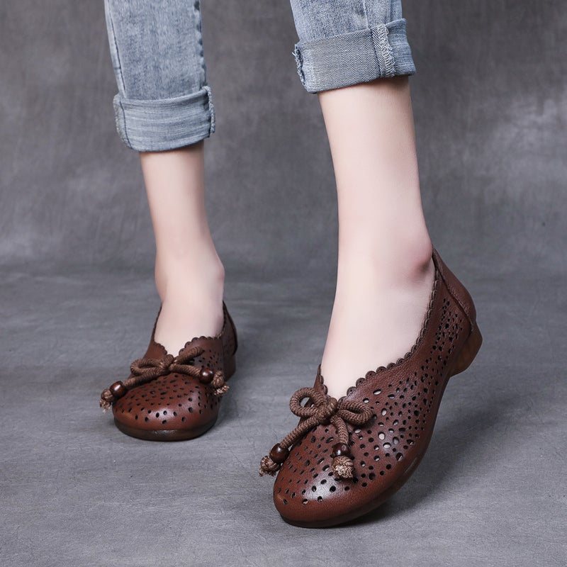Vår Sommer Retro Leather Hollow Bow Casual Sko