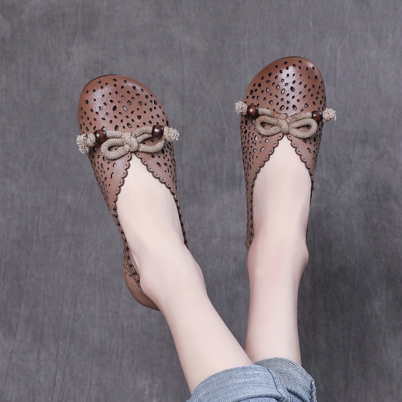 Vår Sommer Retro Leather Hollow Bow Casual Sko