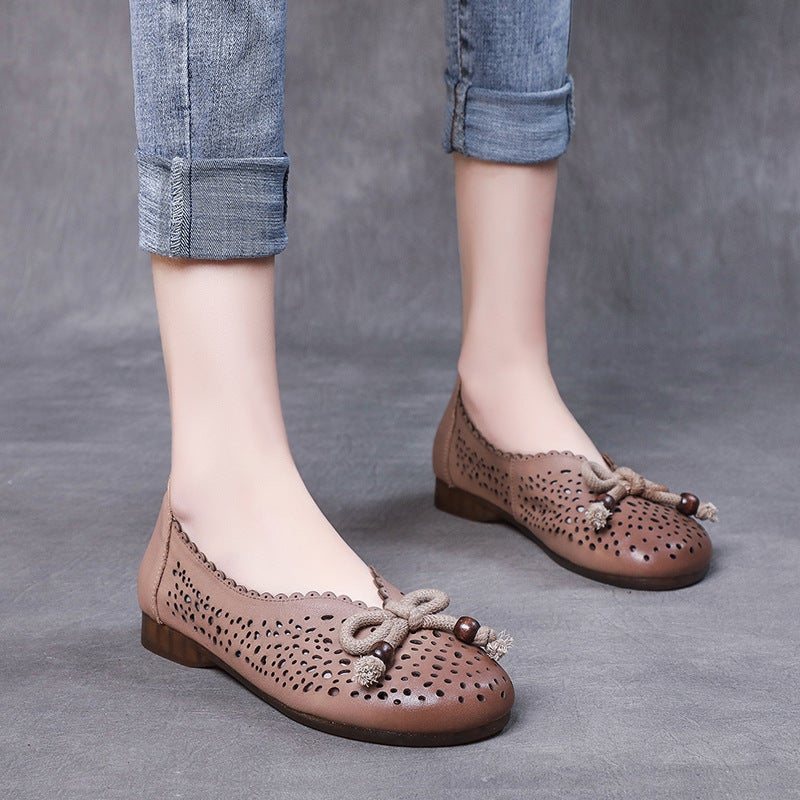 Vår Sommer Retro Leather Hollow Bow Casual Sko