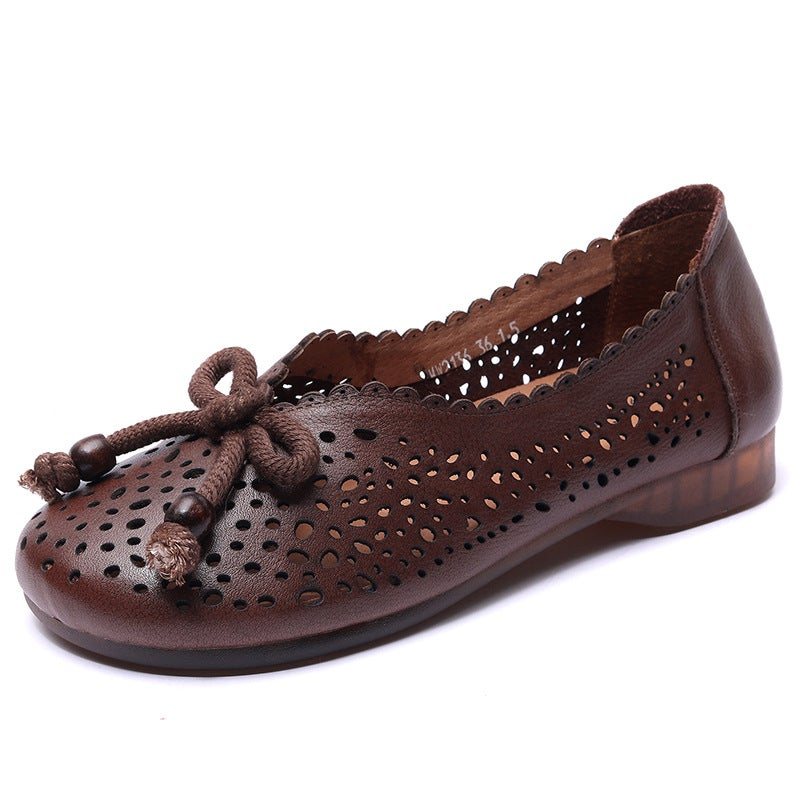 Vår Sommer Retro Leather Hollow Bow Casual Sko