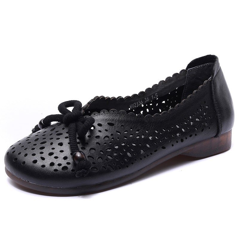Vår Sommer Retro Leather Hollow Bow Casual Sko