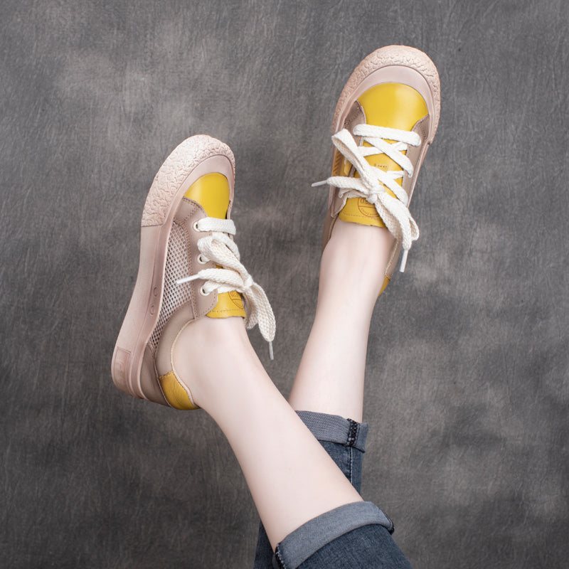 Vår Sommer Vintage Leather Hollow Mesh Casual Sko