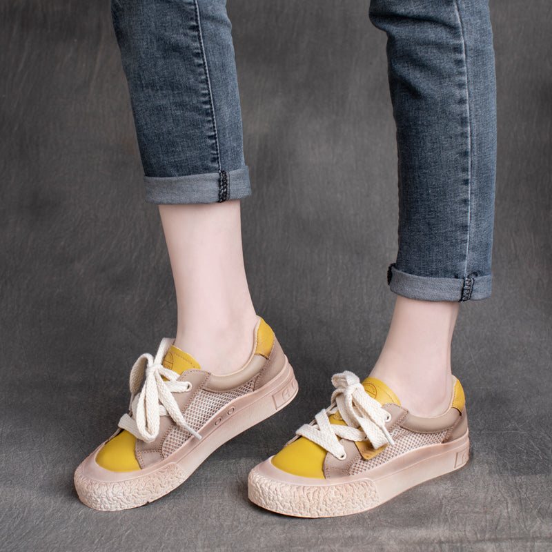 Vår Sommer Vintage Leather Hollow Mesh Casual Sko