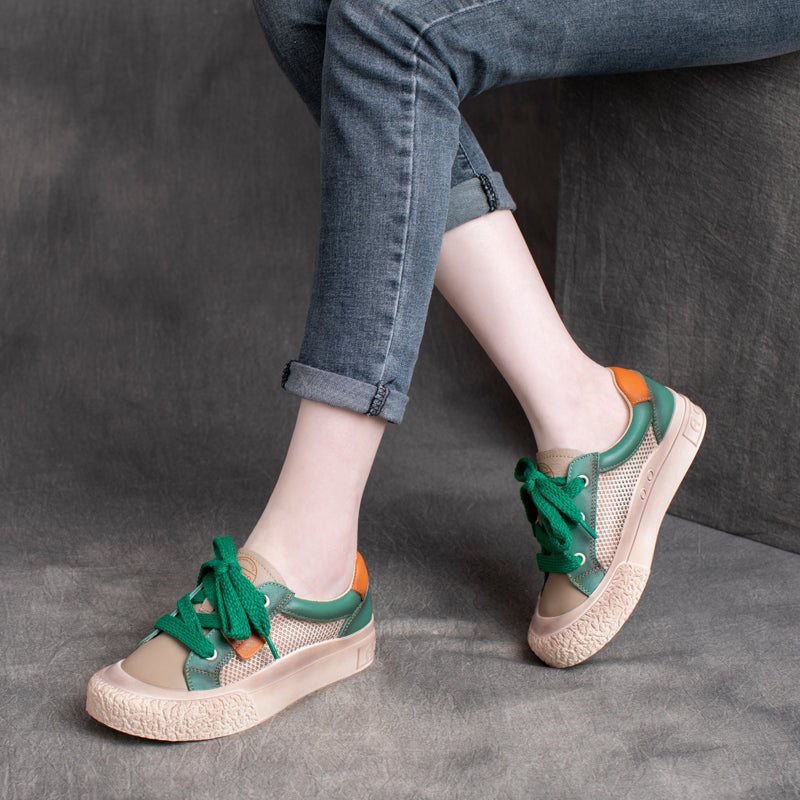 Vår Sommer Vintage Leather Hollow Mesh Casual Sko