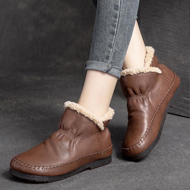 Vinterpels Flat Round Head Leahter Casual Sko